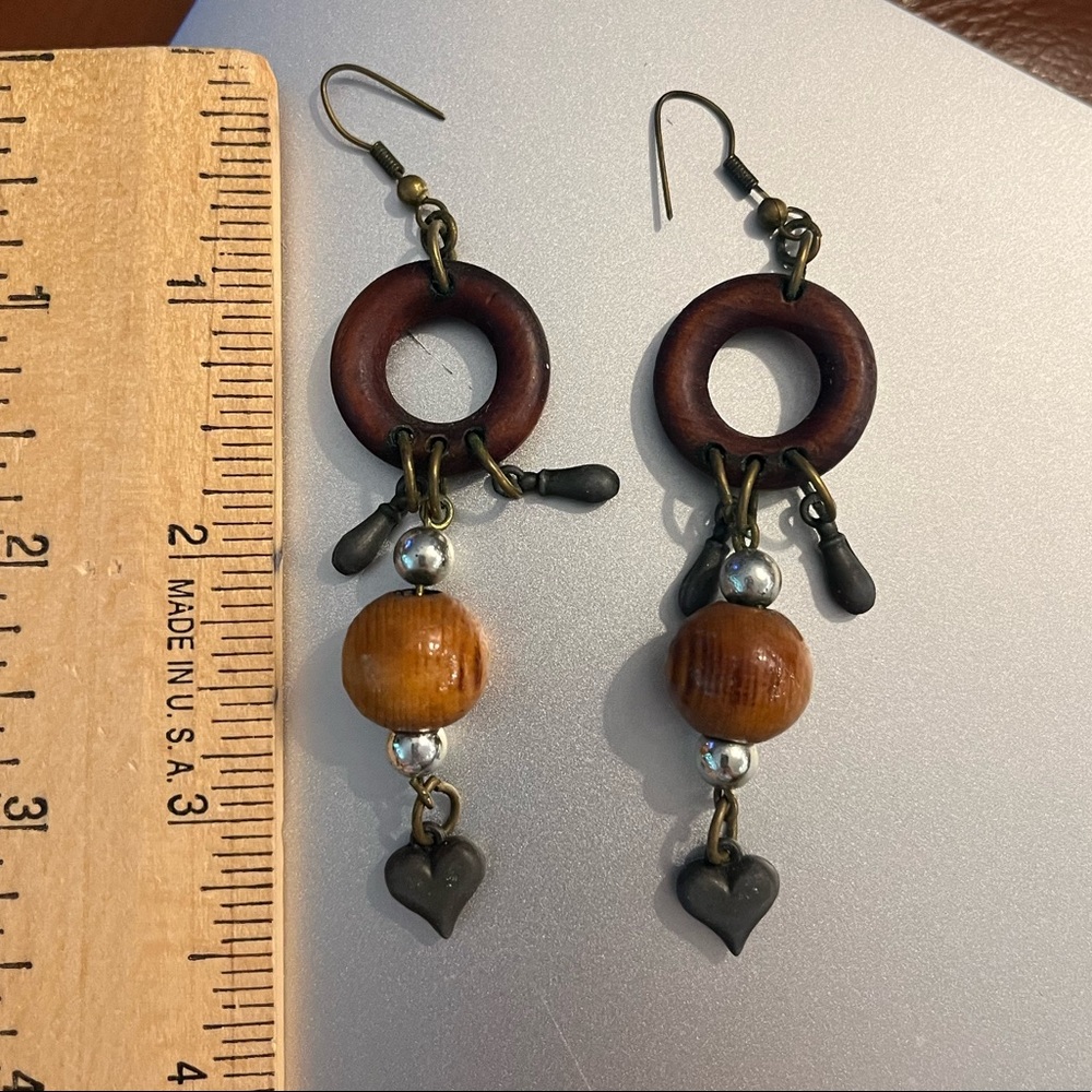 Wooden round bead drop earrings with hearts